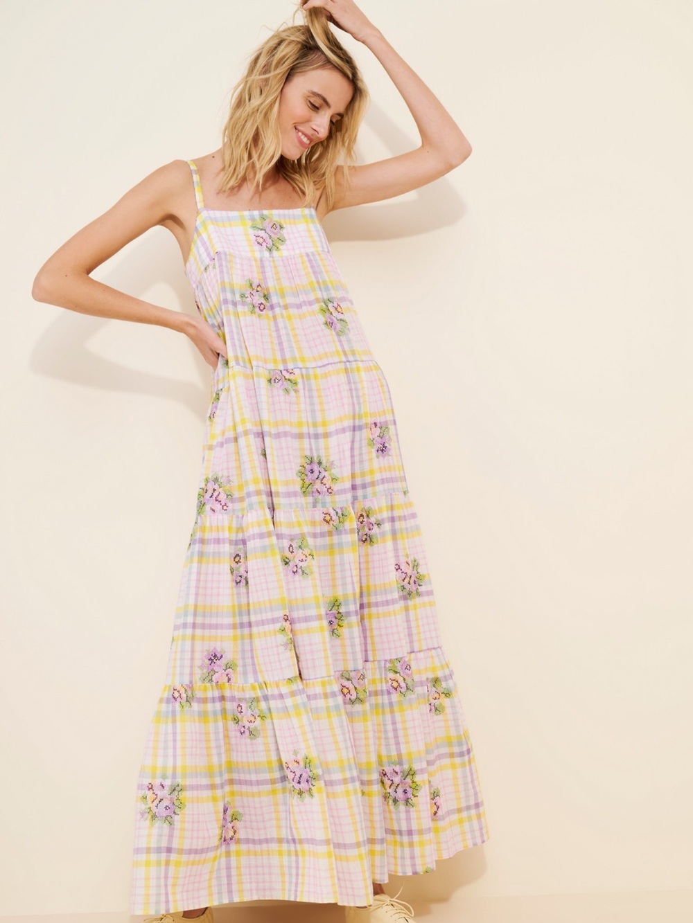 Anthropologie Payal Pratap Pastel Yellow & Pink Floral Plaid Maxi Dress